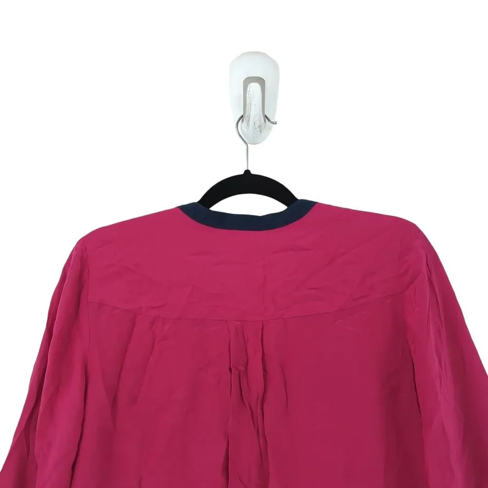 Tory Burch Women 6 Blouse Magenta Pink Contrast Long Sleeve V Neck Silk FLAW